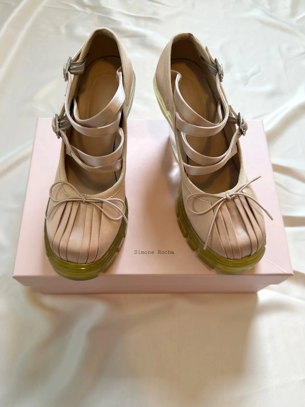 Simone Rocha Pink Leather Mary Jane Heels with Lime Green Translucent Soles